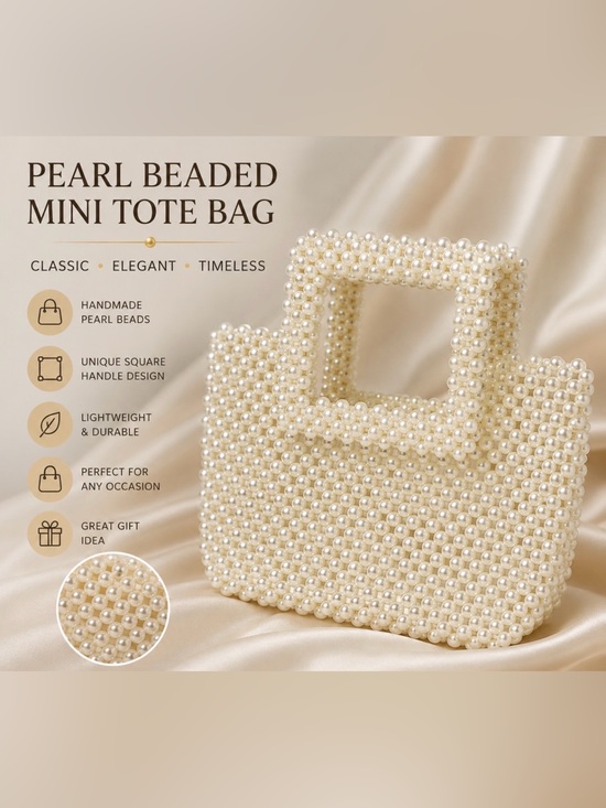 Handbags - Pearl Beaded Square Handle Tote - Cream‎